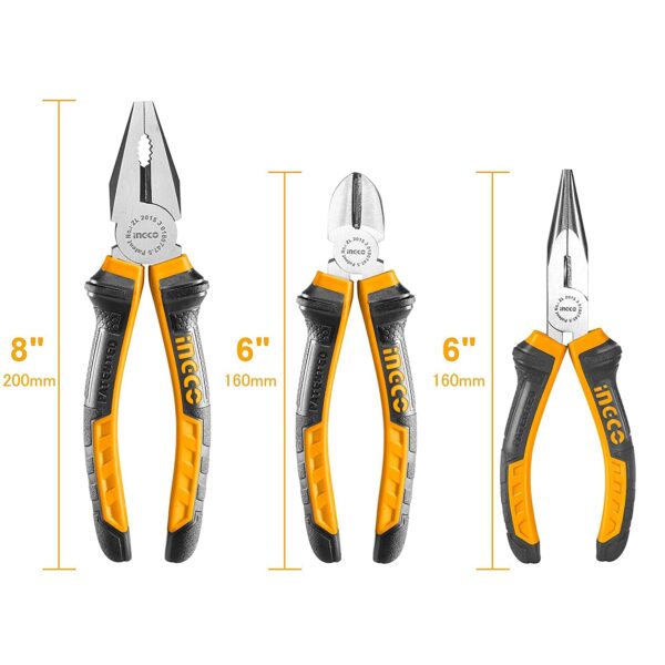 INGCO Pliers Set, 3 PCS/SET, Including 8" Combination Plier, 6" Long Nose Plier, 6" Diagonal Cutting Plier  flash