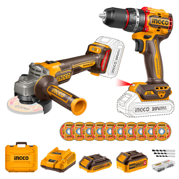 INGCO Cordless Power Tool Combo Kit, Impact Drill Machine & Angle Grinder  flash )
