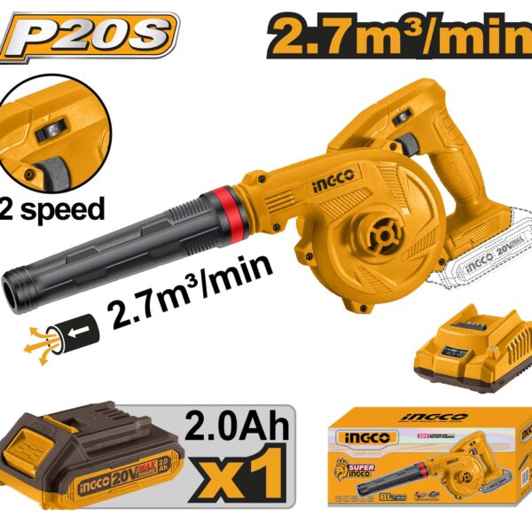 INGCO Cordless Blower, Variable Speed, 0-9000/0-18000 RPM, With Battery & Charger  flash