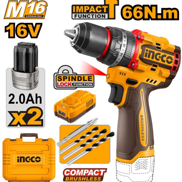 INGCO CIDLI166062 Compact Brushless Cordless Impact Drill