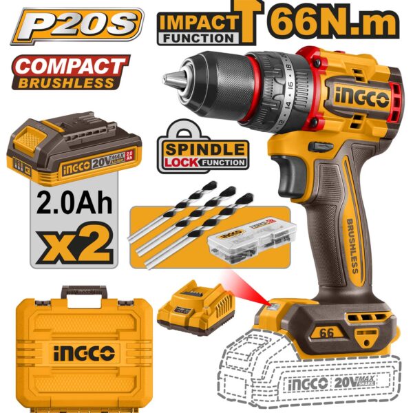 INGCO Cordless Impact Drill, Brushless Motor, 66 Nm, 22+1+1, with Drill Bits, with 2 pcs Batteries and Charger  flash