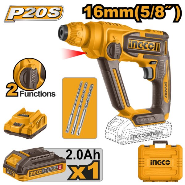INGCO Cordless Hammer Drill, 16 MM in Concrete, SDS Plus Chuck, With Battery & Charger  flash