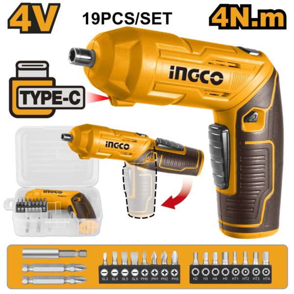 INGCO Cordless Screwdriver, 4 N.m, 240 RPM, With 18 PCS Cr-V Bits+Holder  flash