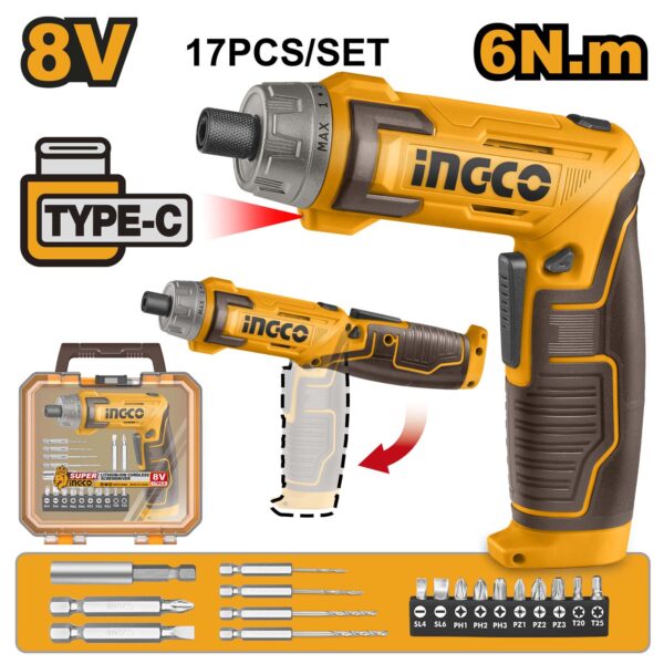INGCO 8V Cordless Screwdriver, 6 Nm, LED Light, Packed by Plastic Tool Box  flash